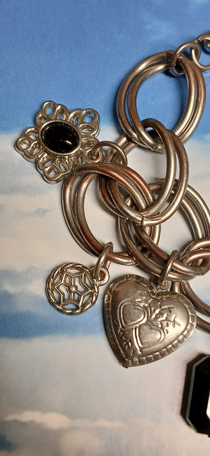 Monet Silver Tone Chain Link Bracelet w/9 Charms, Gems, Hearts and Flower Design