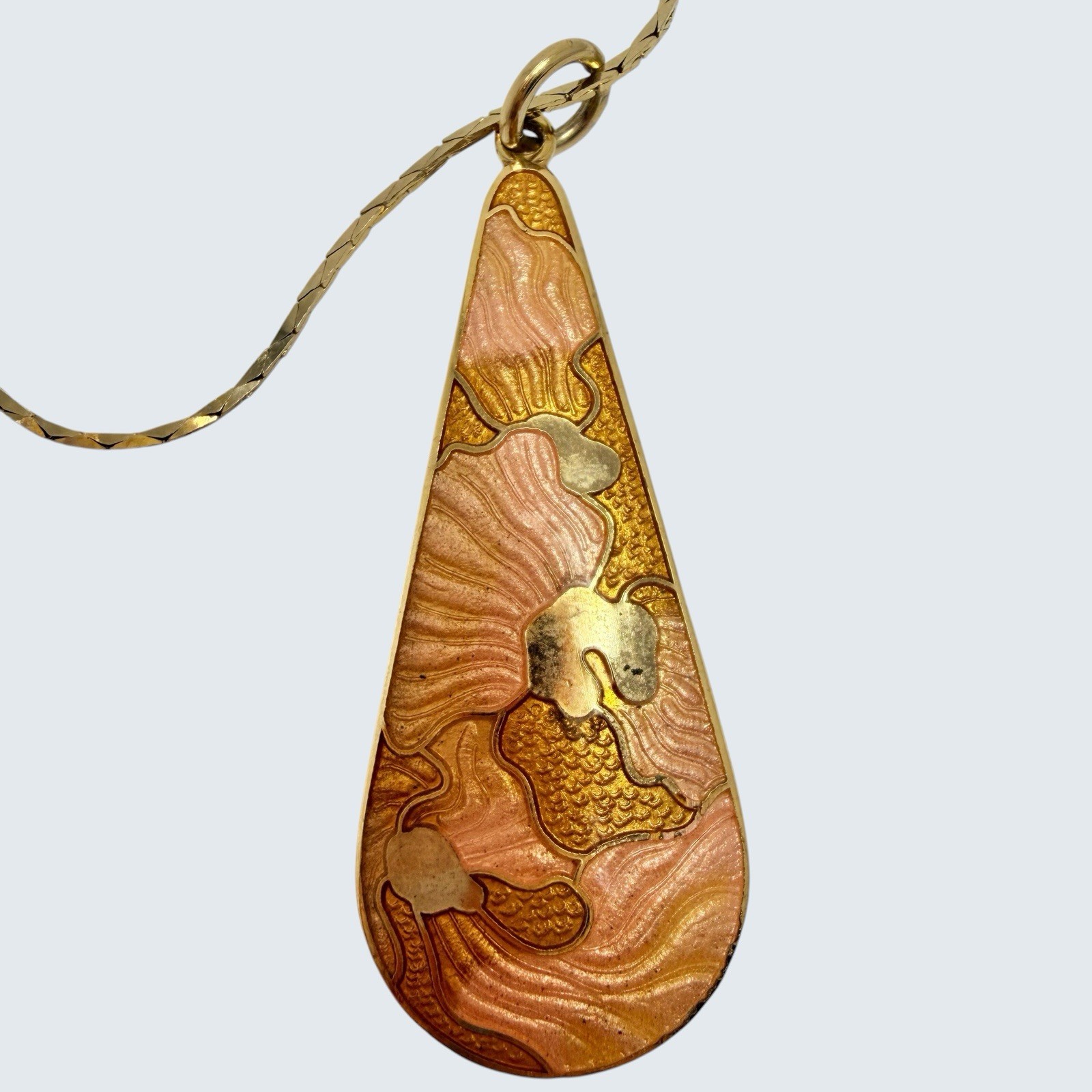 Vtg 80s Cloisonne Teardrop Pendant Necklace Pink Coral Gold Floral Enamel