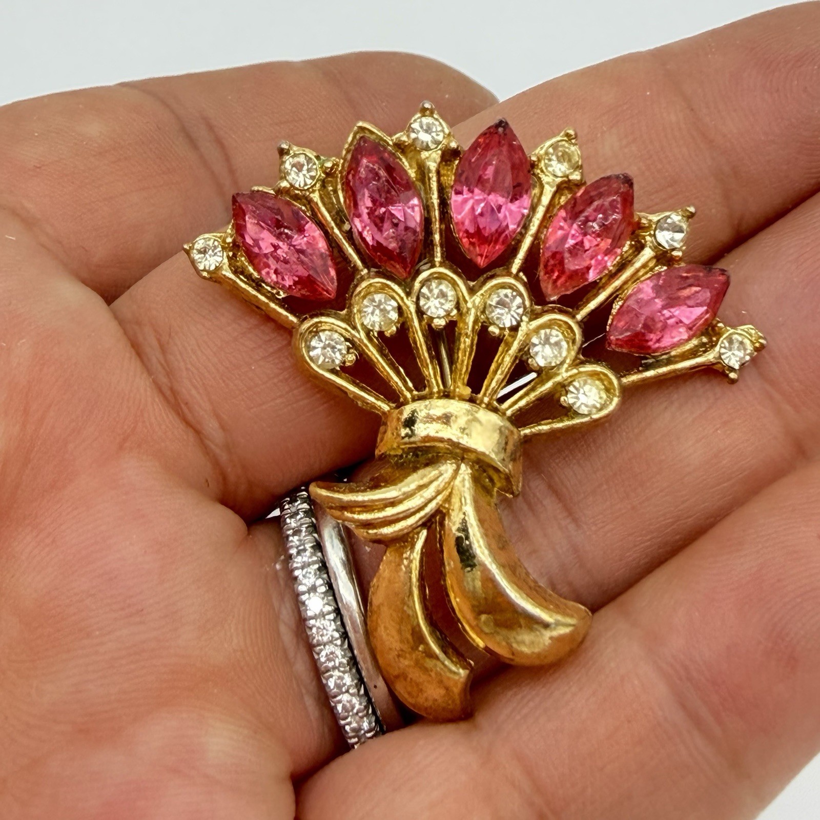 Vintage Rhinestone Brooch Pin Pink Navette Fan Flower Bouquet Retro