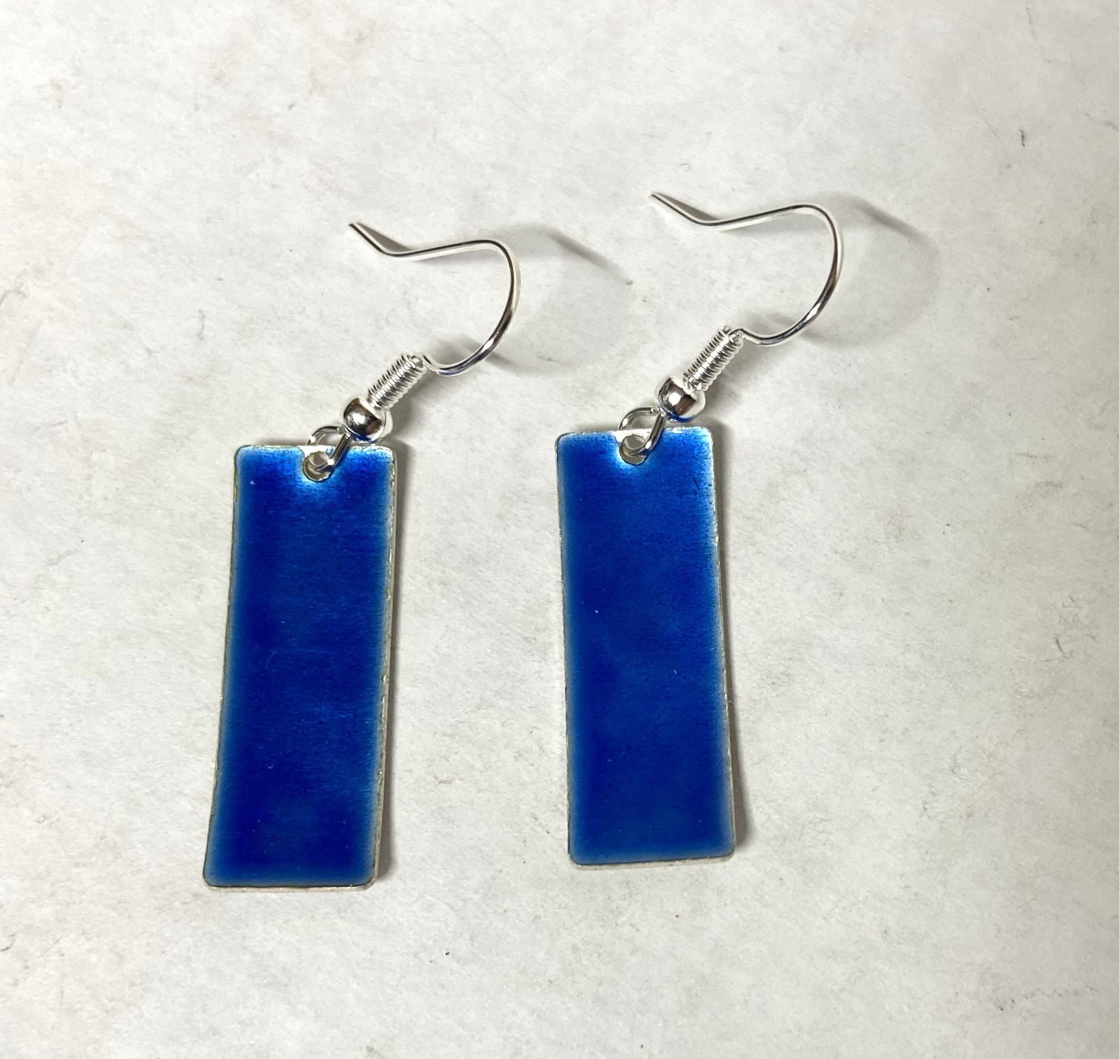 Vintage Blue enamel on Silver Rectangle Dangle Pierced Earrings- 1″ long
