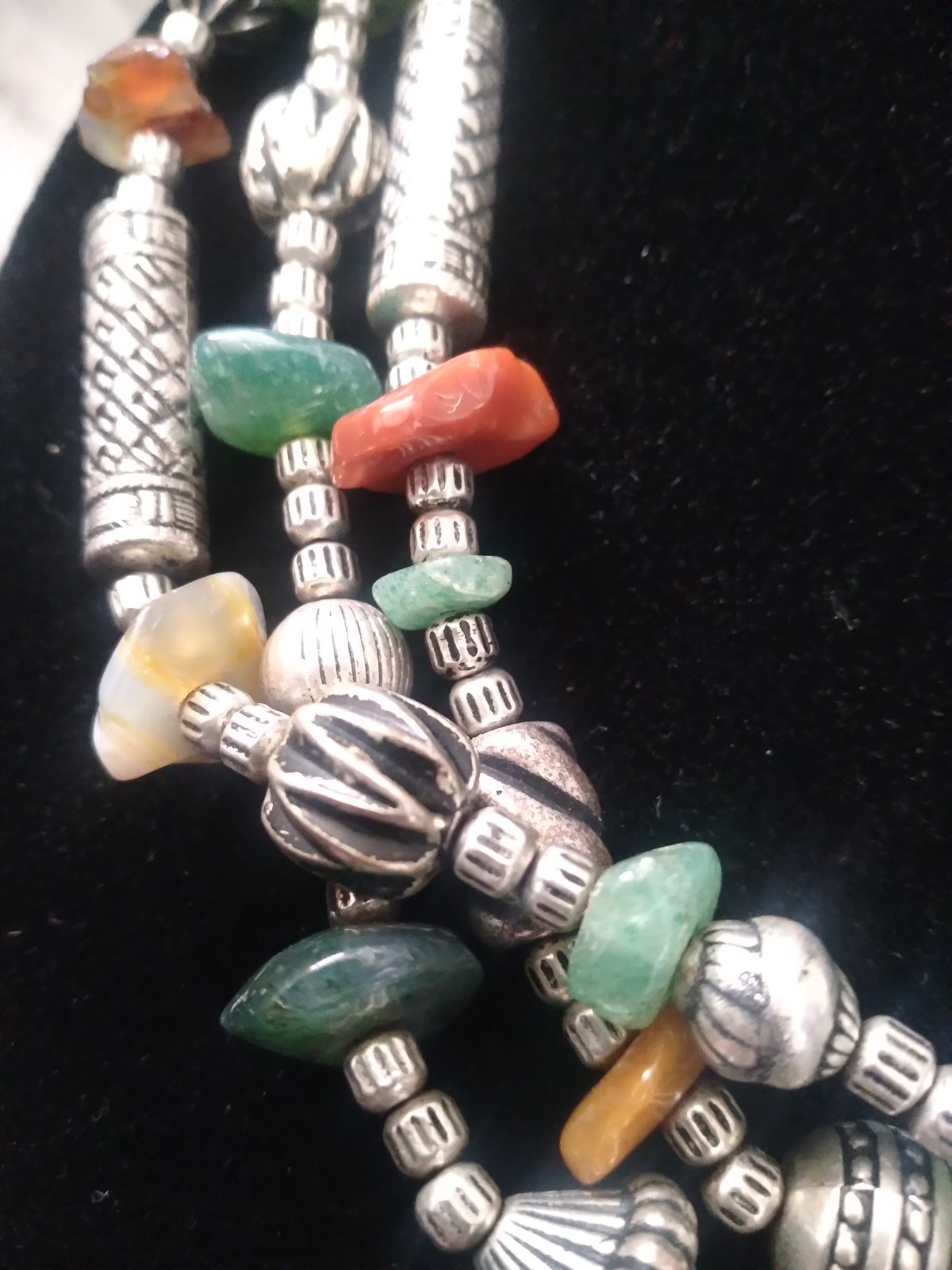 Vintage Silver Stone Necklace Beaded 3 Strand 18 inches