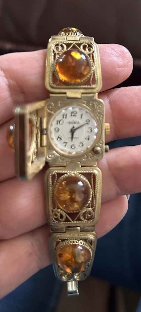 Vintage MCM Chika Baltic Amber Gold Plated 1950s USSR Hidden WATCH Bracelet