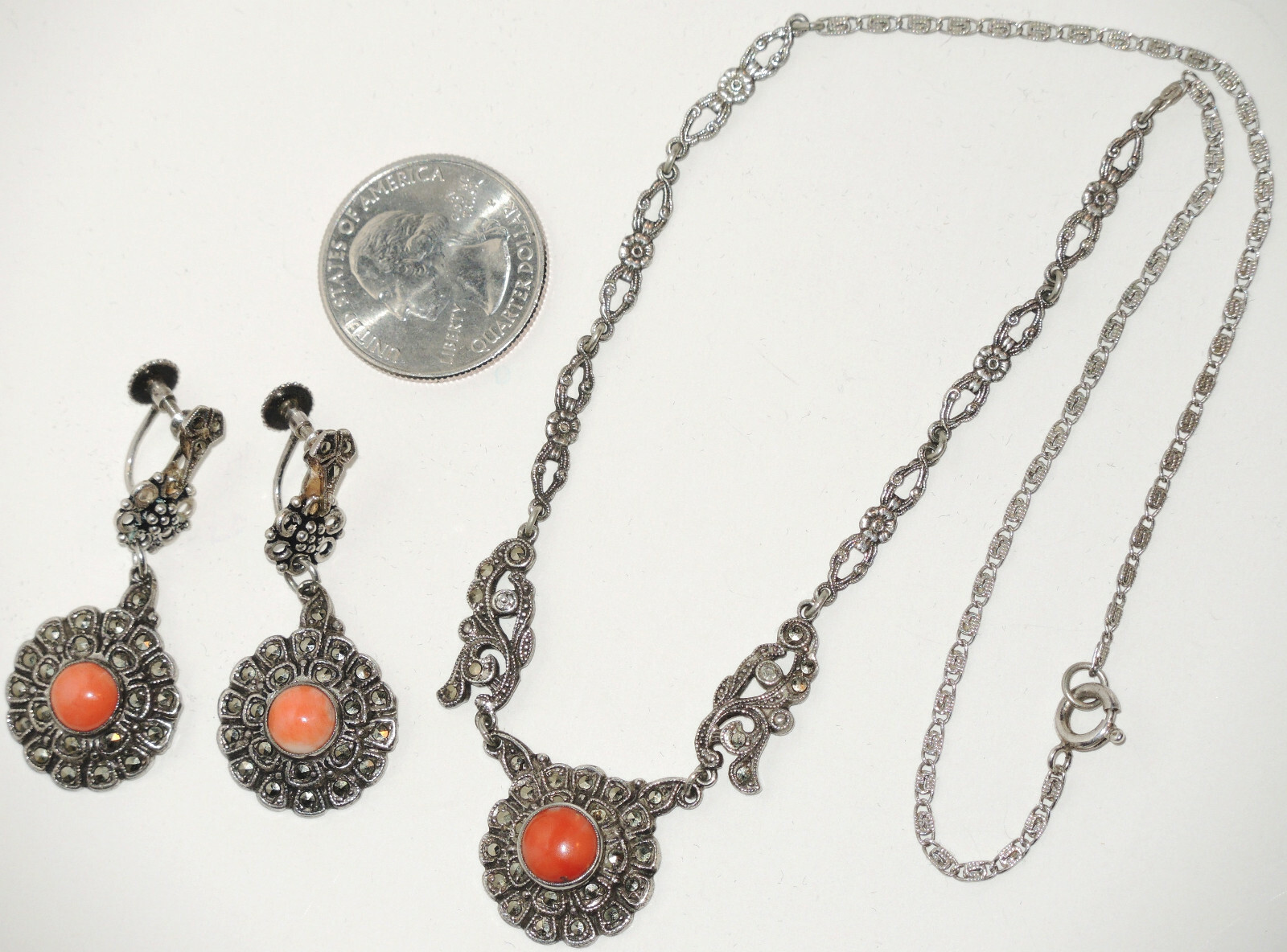 Art Deco Set Sterling Silver Germany Pendant & Earrings with Coral & Marcasites