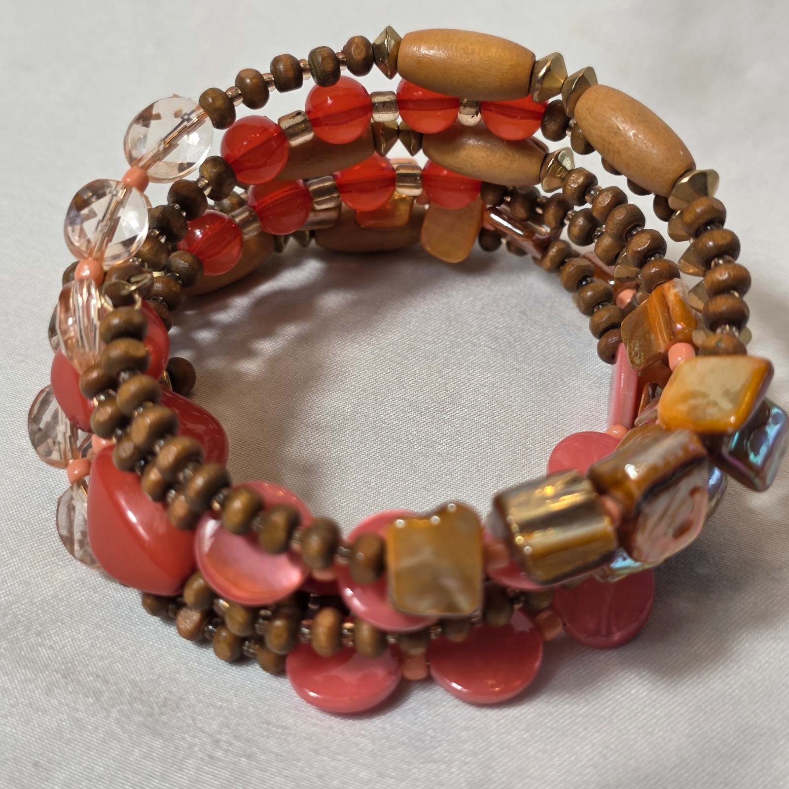 Bohemian-Style Multi-Strand Wrap Bracelet Warm Earthy Tones Wood & Glass Beads
