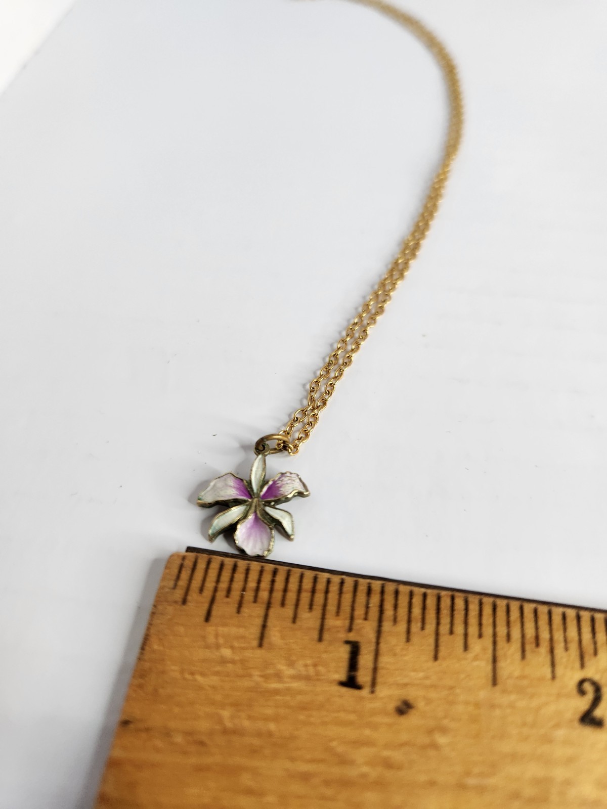 Vintage Orchid Flower Enamel Necklace & Clip-On Earrings Set Purple Gold Tone