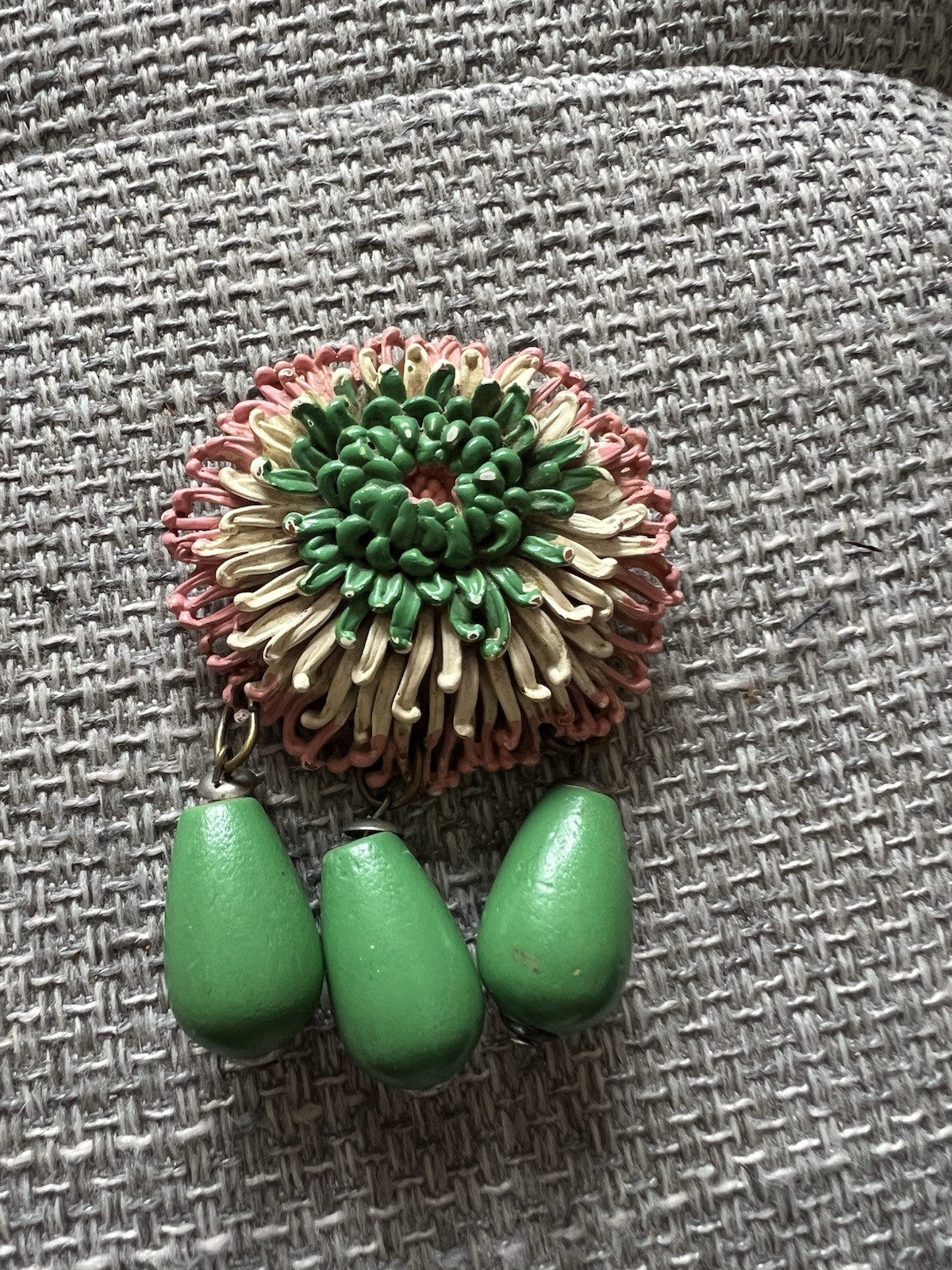 Vintage Pink And Cream Plastic Flower Pin with 3 Dark Green Wood Tassels