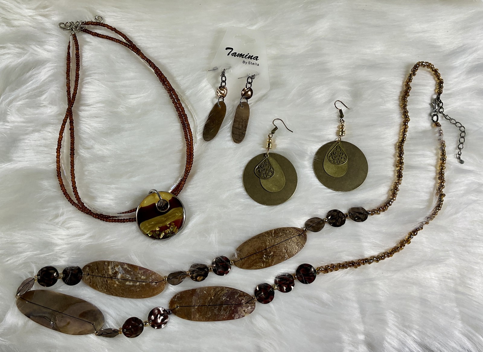 Vintage Jewelry Lot 4 Pieces Amber Brown Earth Tones Necklace Earrings