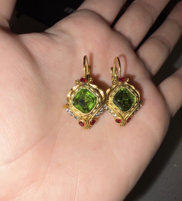 Vintage Joan Rivers Jeweled Bug Insect Leverback Earrings Gold Tone Green Red