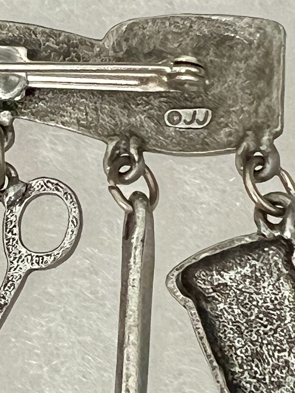 Vintage 80s Sewing Brooch Charms on Tape Measure Signed JJ Silver Tone Lapel Pin