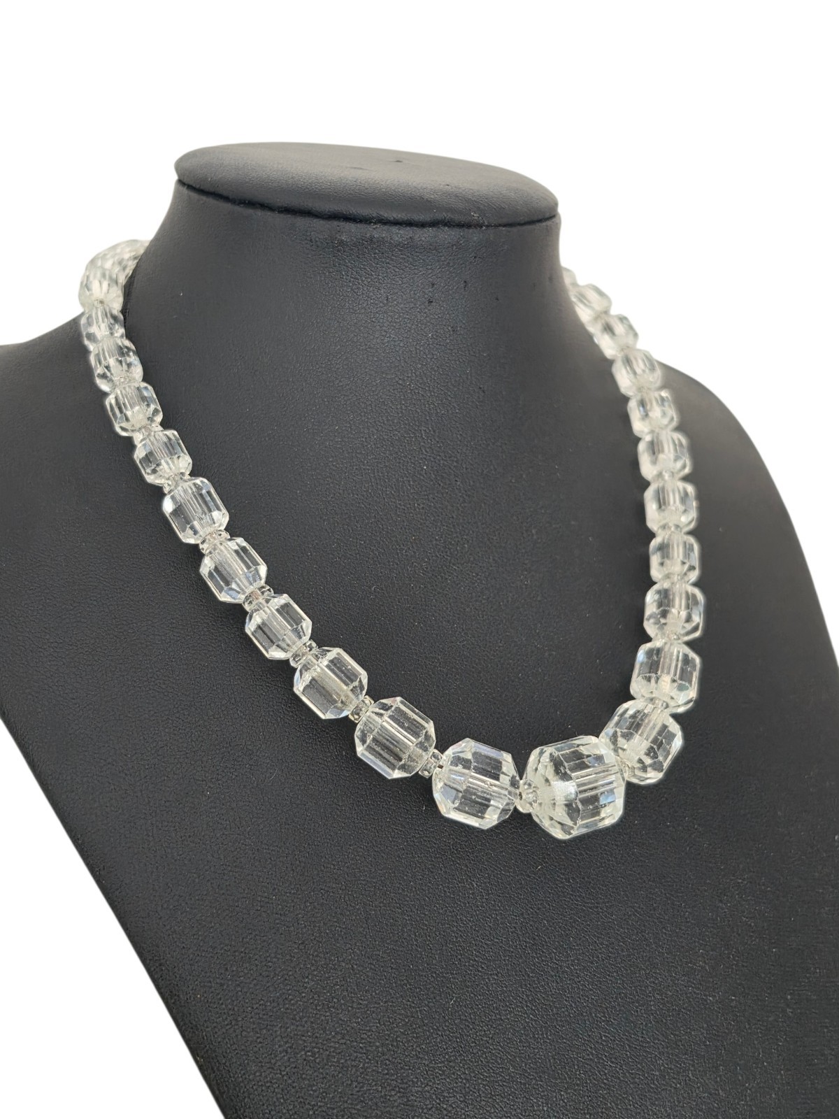 Vintage Clear Faceted Crystal Glass Cube Cut Bead Necklace Art Deco Style 15”