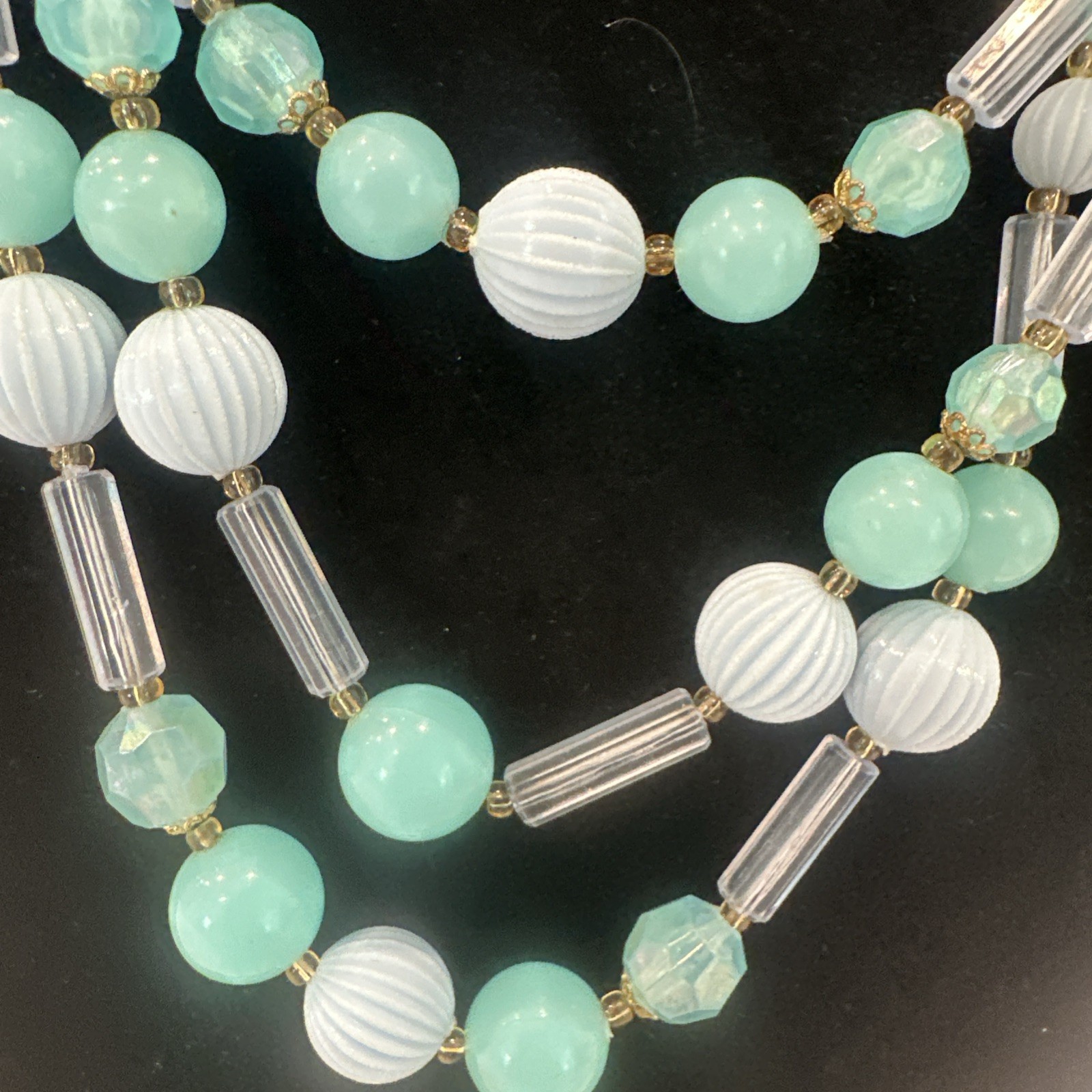 W Garnany Beaded 3 Strand necklace and Clip On Earring Set Mint Blue