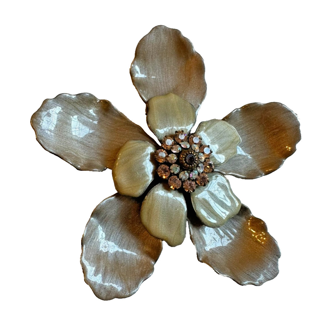 LIZ PALACIOS SF LARGE ENAMEL FLOWER BROOCH w/ PINK & IRIDESCENT STONES 3.5″ DIA