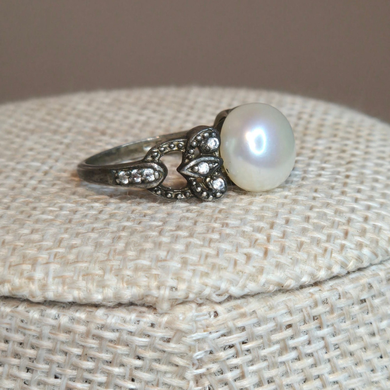 Vintage Sterling Silver Pearl Marcasite Ring Filigree Cocktail Statement size 6