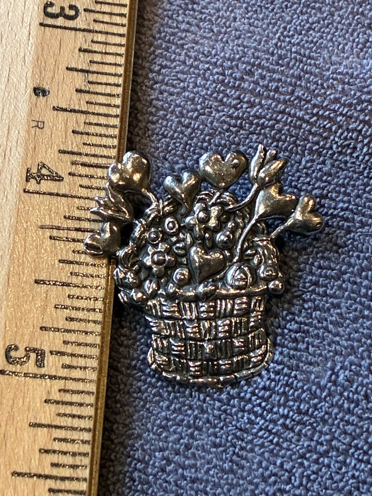 Meink Signed 925 Sterling Silver Brooch Basket of Hearts and Flowers