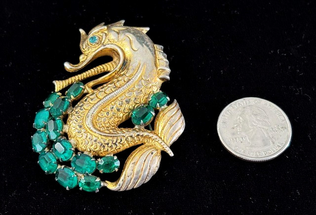 RARE VTG FRED BLOCK Gold Wash Sterling Green Stone SEA MONSTER Pin Brooch 31.8G