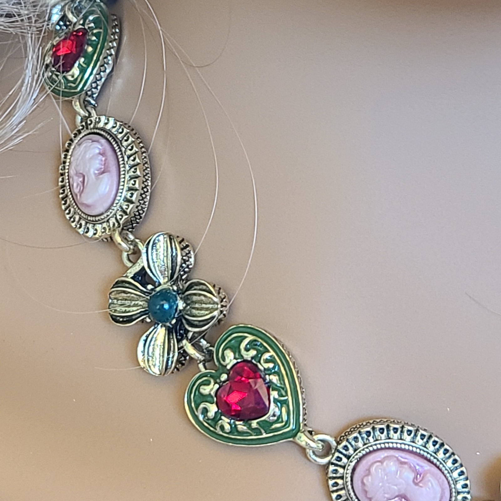 Romantic Victorian Style Enamel Red Rhinestone Heart Pink Faux Cameo Choker 17.5