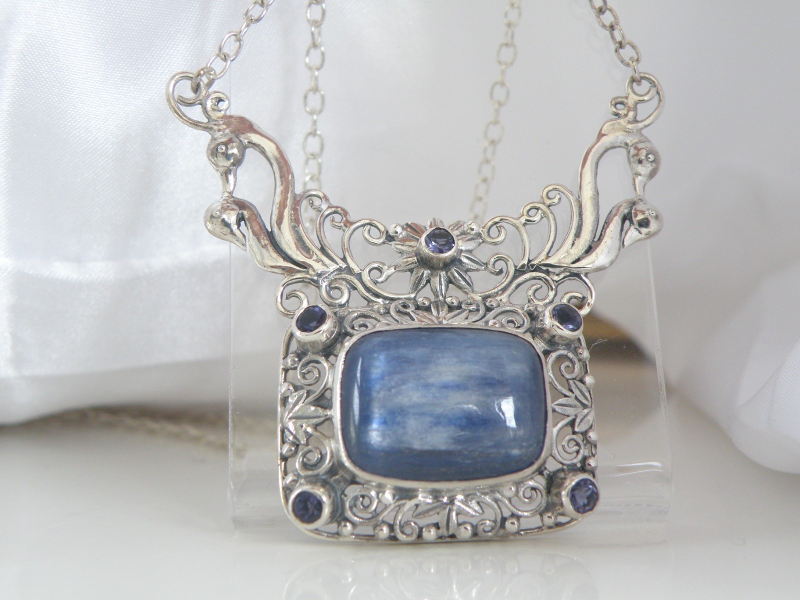Sterling Silver 925 Natural Kyanite Iolite Art Nouveau Style Necklace 18″