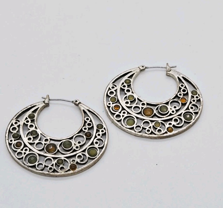 Crescent Hoop Earrings Lot 2 Pair Silver tone Pierced Bohemian Cellular 1.5 in