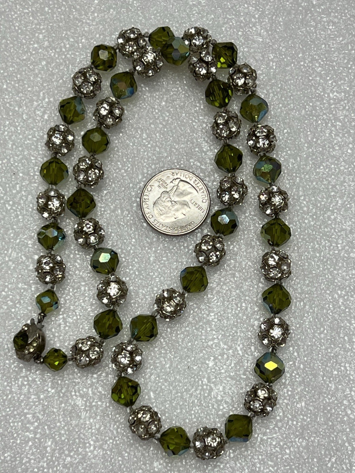 Vintage Olive Green Faceted Glass & Rhinestone Bead Necklace 22”