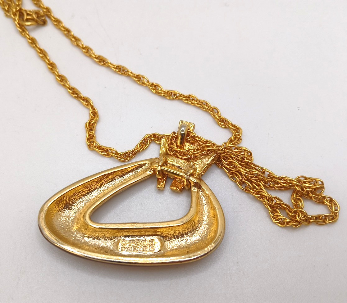Vintage Orena Paris gold tone black brown enamel pendant necklace signed