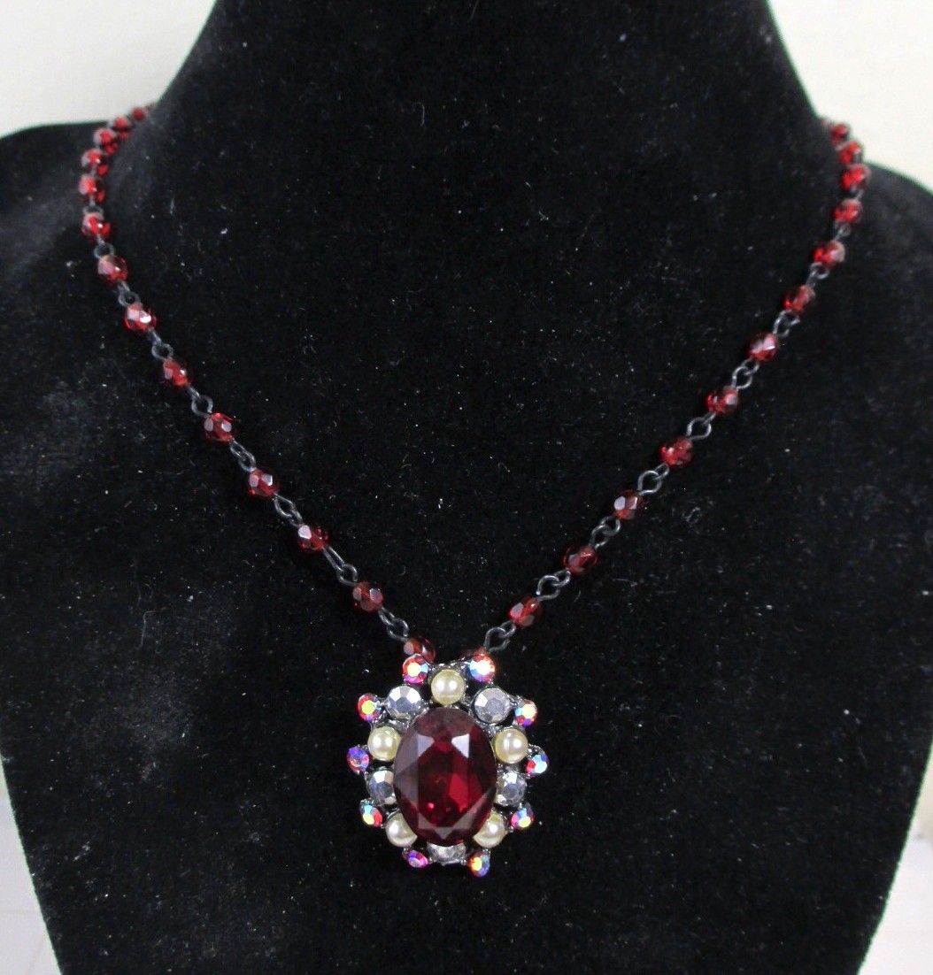 Vintage Ruby Red AB Rhinestone Choker Necklace Tiara Misu Signed Aurora Borealis