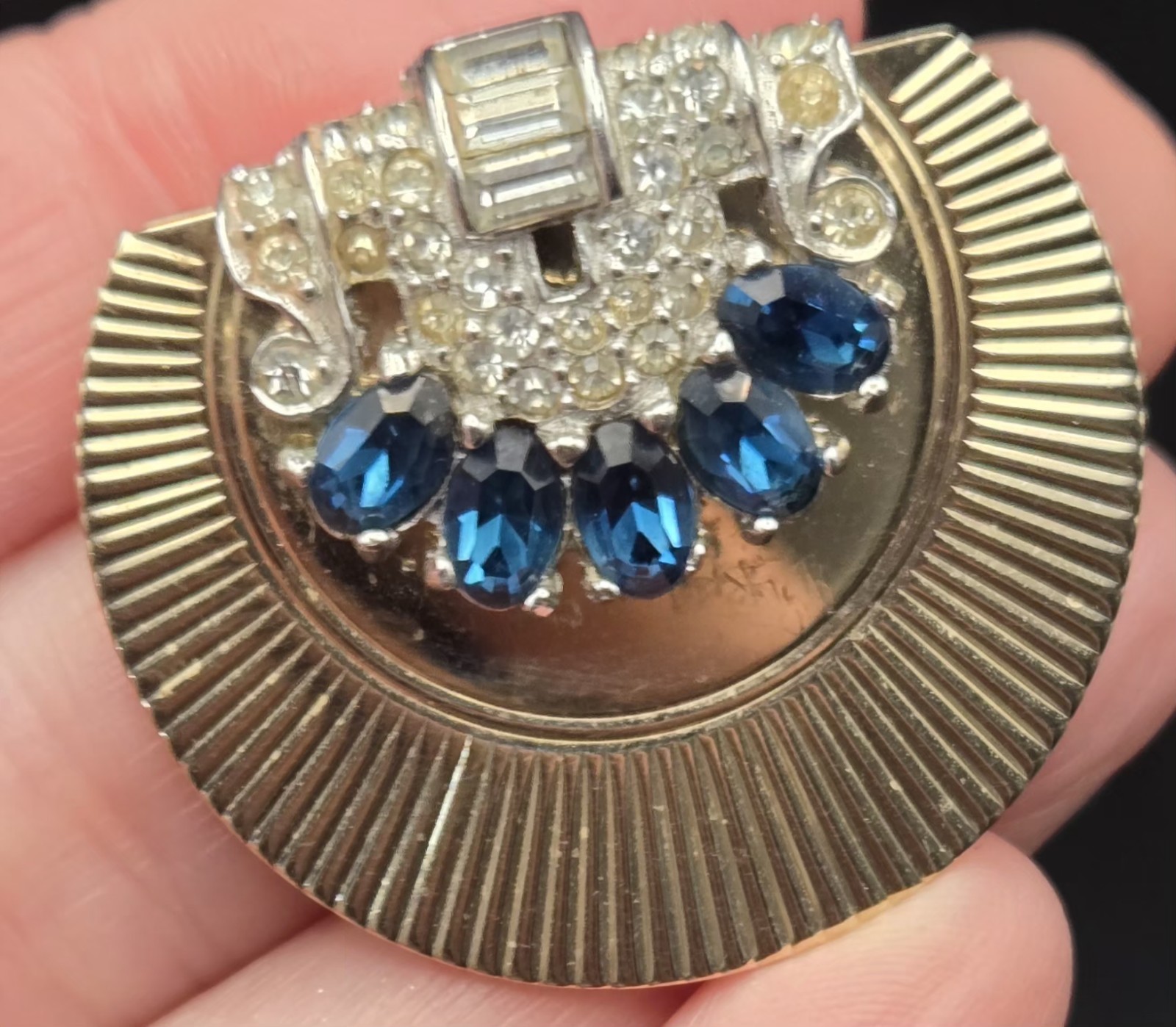 Vintage Signed CIRO Art Deco Dress Clip Brooch Blue Sapphire Rhinestone Ribbed