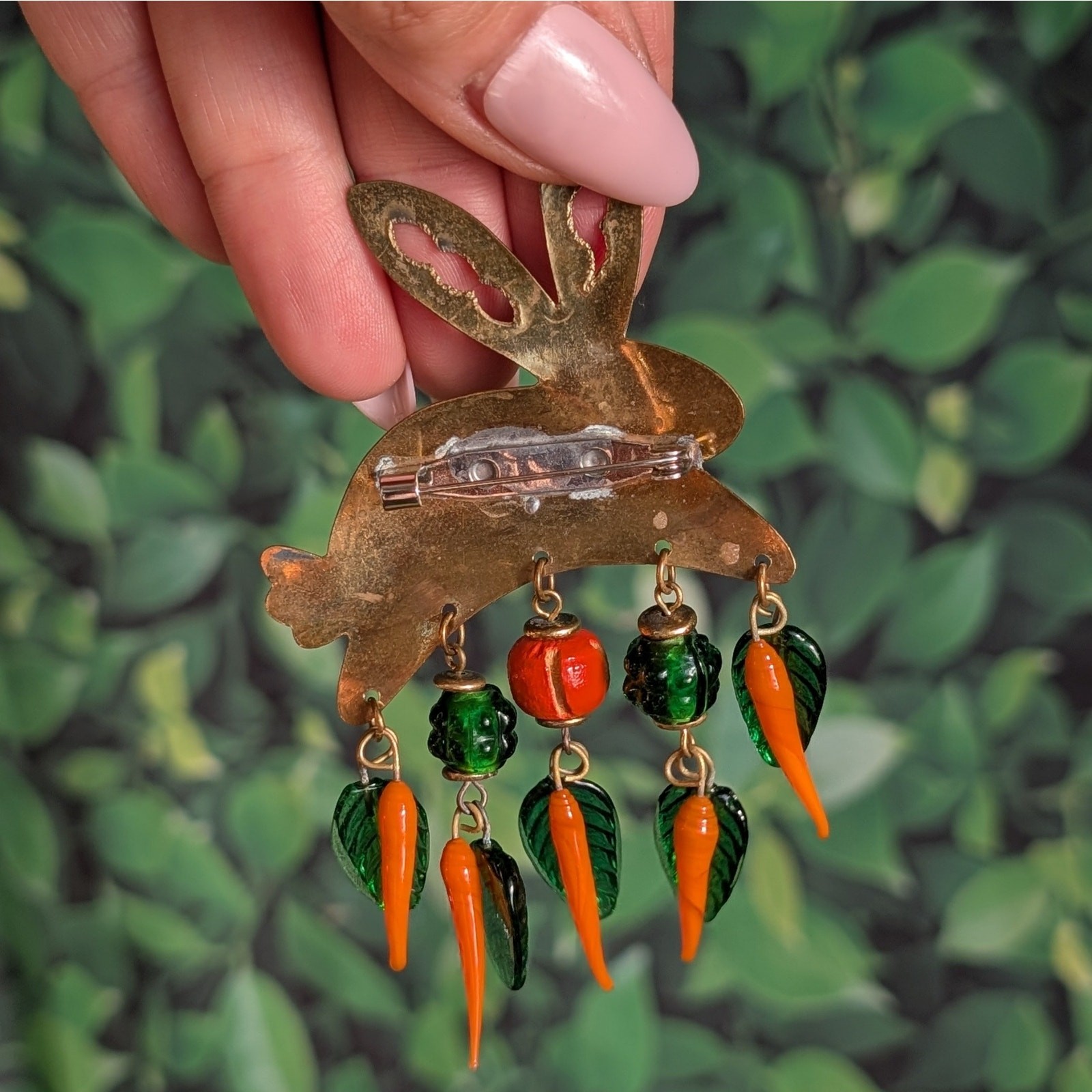Vintage Artisan Brass Glass Rabbit Brooch Carrots Leaves Etched Bunny Art Pin