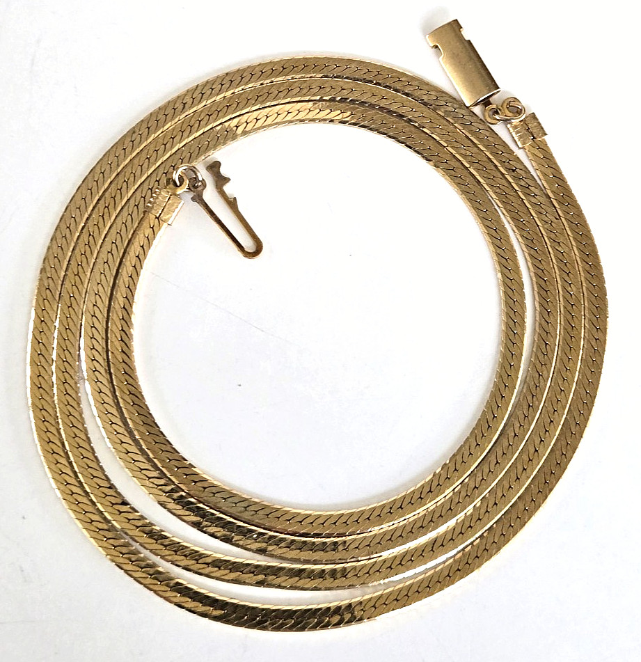 Vintage Gold Tone Herringbone Chain Necklace 29.75″ Fish Hook Clasp 1/8″W