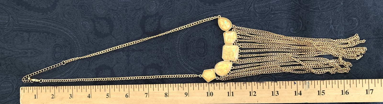 Statement Bib Fringe Necklace Gold Tone Chain Iridescent Yellow Faceted Beads