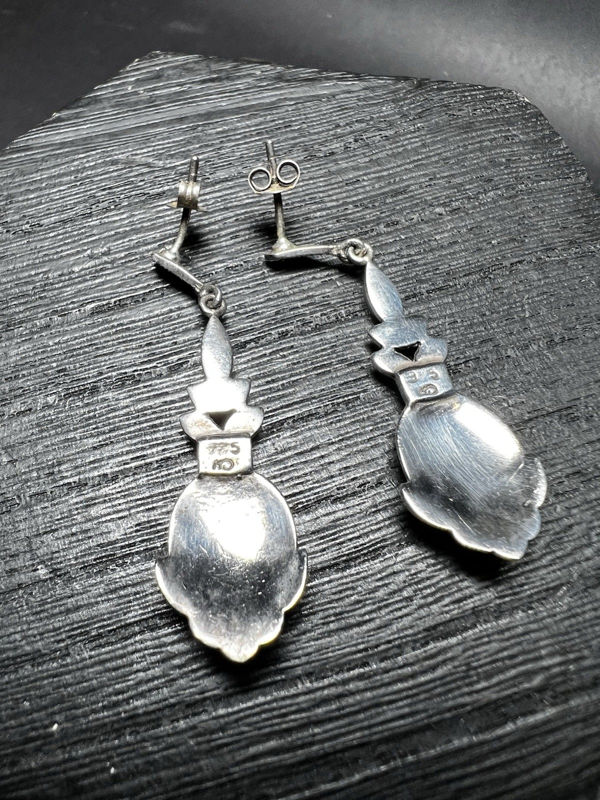 Vintage CW Marcasite Onyx Sterling Silver Drop Dangle Pierced Earrings