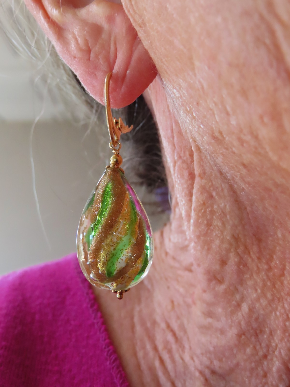 Vintage Sterling Wires w/Gold Wash Art Glass Dangle Pierced Earrings