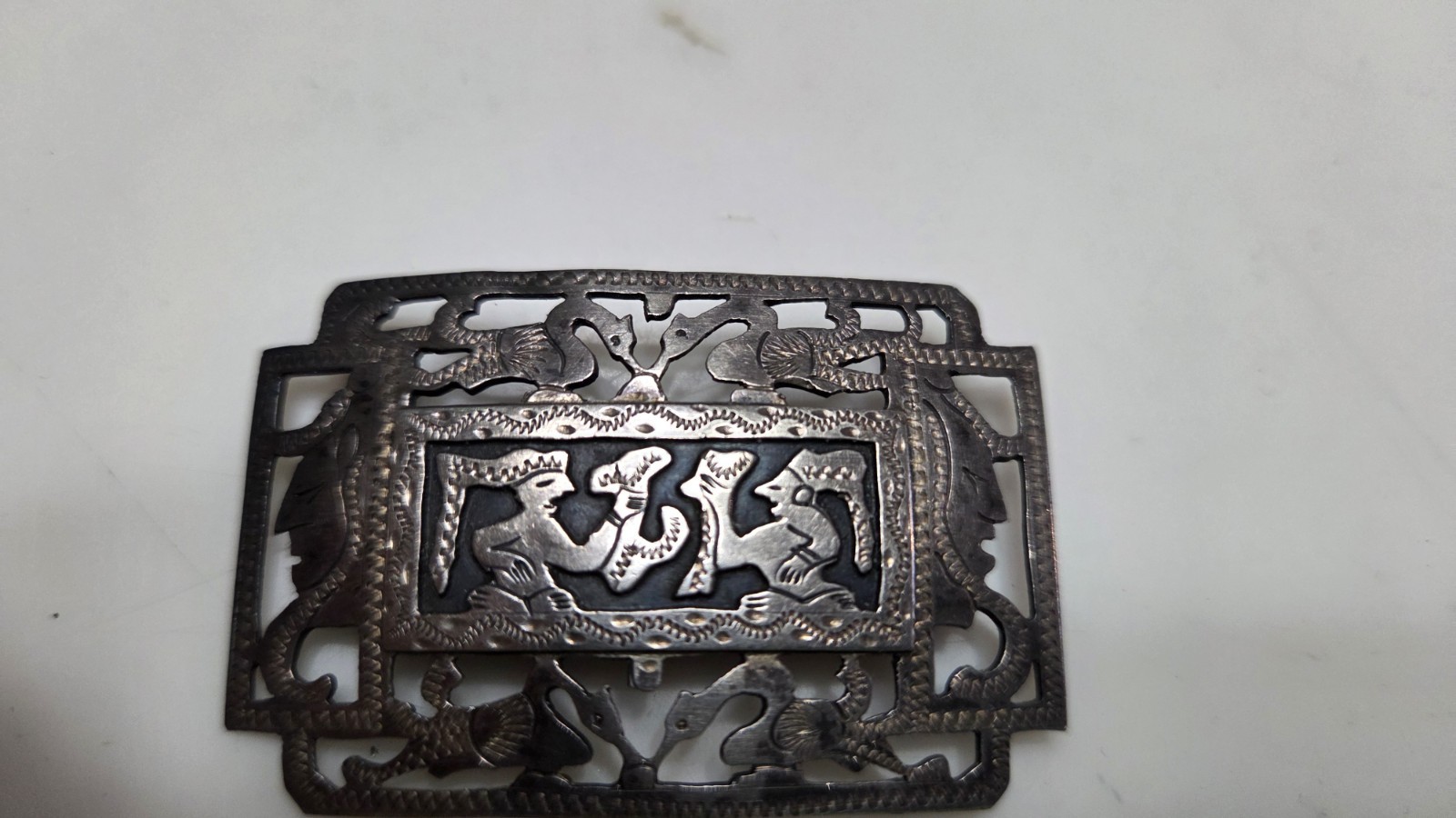 Antique 900 Silver Brooch Story Tellers Guatemala Warrior Mayan Inca 2″ Enamel