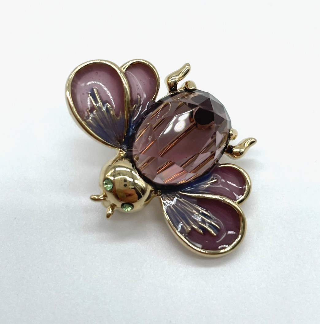VTG Cute Little Purple Faceted Glass Green Rhinestone Enamel Bug Bee