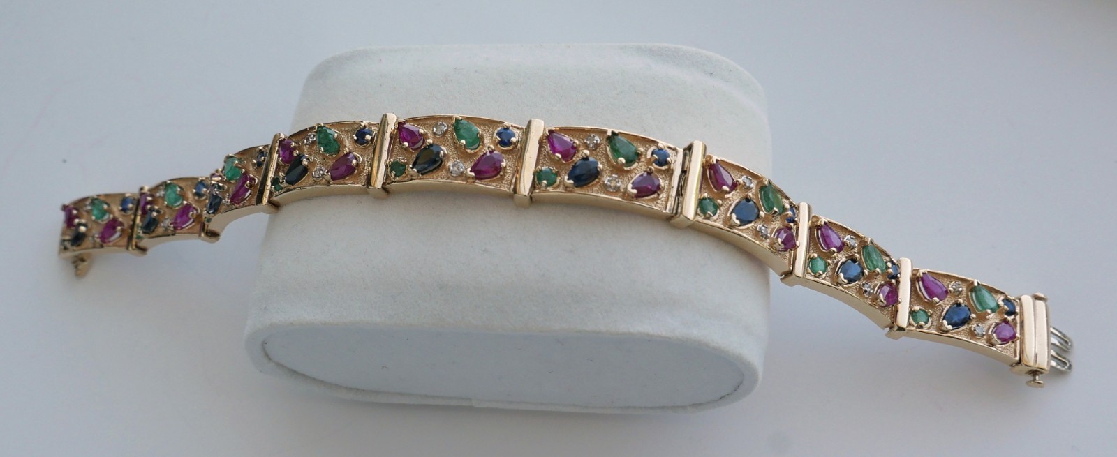 Vintage 14K Yellow Gold Ruby Emerald Sapphire Diamond Link Bracelet 7.25”