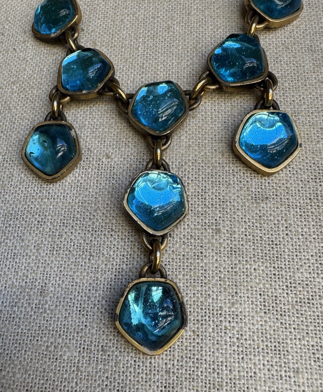 Vintage YSL Yves Saint Lauren Turquoise Blue Cabochon Chain Dangle Necklace 16”