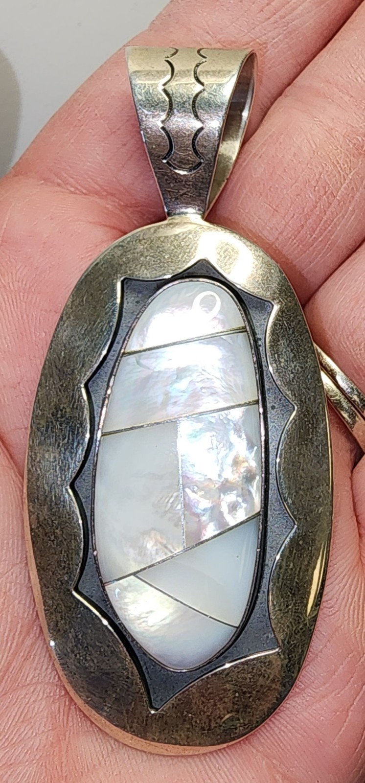 Vtg Sterling Silver Signed DRT Mother of Pearl Inlay shadow box style Pendant