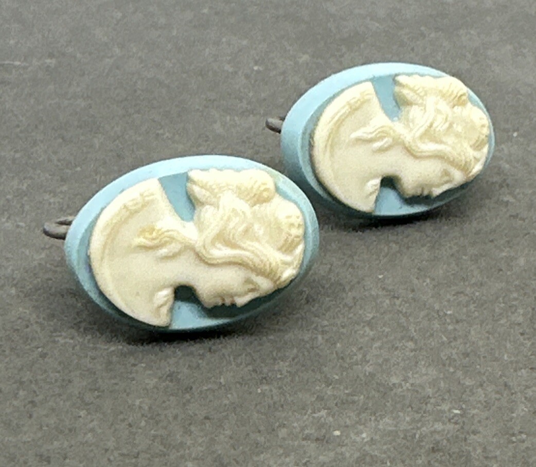 Vintage Cameo Earrings Screw Backs Dainty Classic Style Blue Lucite Design
