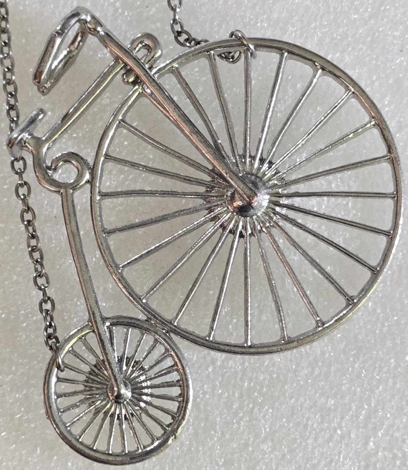 Vintage Old Fashioned Velocipede Bicycle Bike Silver Tone Pendant Necklace