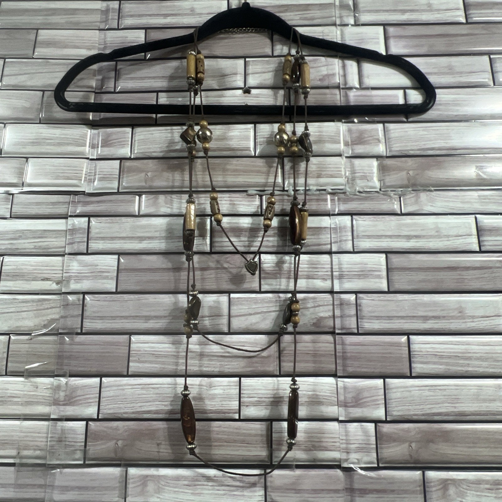 VTG Beaded statement necklace wood silver shell-like beads cord & bracelet Y2K