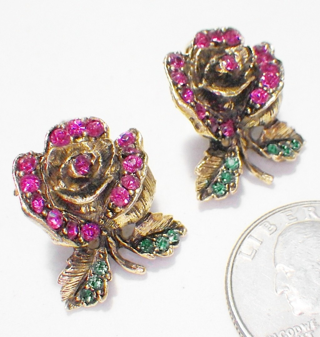 Stunning Vtg Fuchsia Red & Green Crystal Gold Plate Rose Flower Clip Earrings 1″