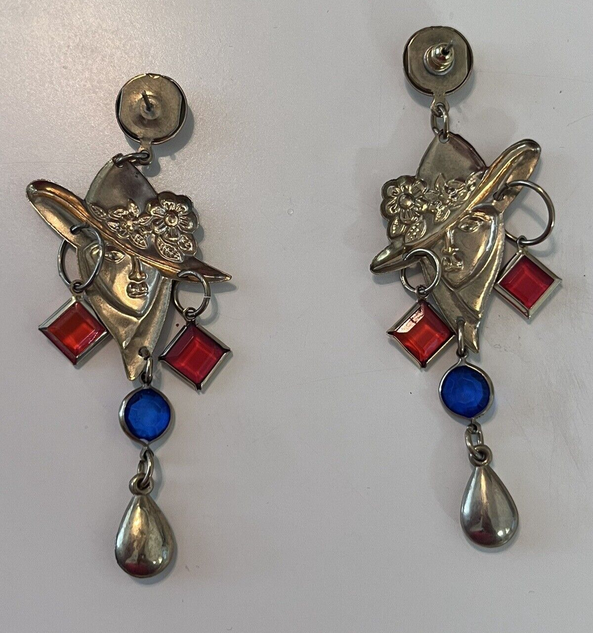 Unique Hat Lady Earrings with Red & Blue Bezel set accents