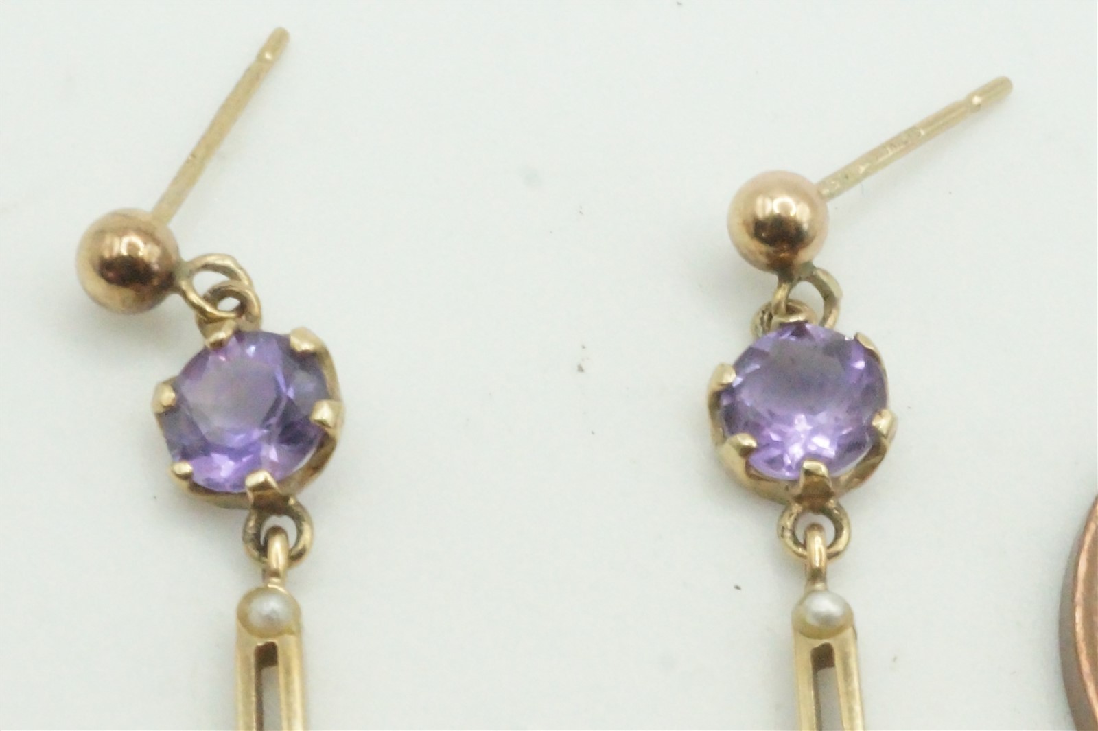 ANTIQUE ENGLISH 9 CARAT GOLD AMETHYST & PEARL DROP EARRINGS c1900