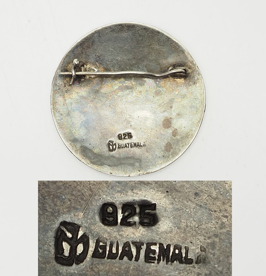 Guatemala vintage tribal Maya motif round sterling silver brooch pin