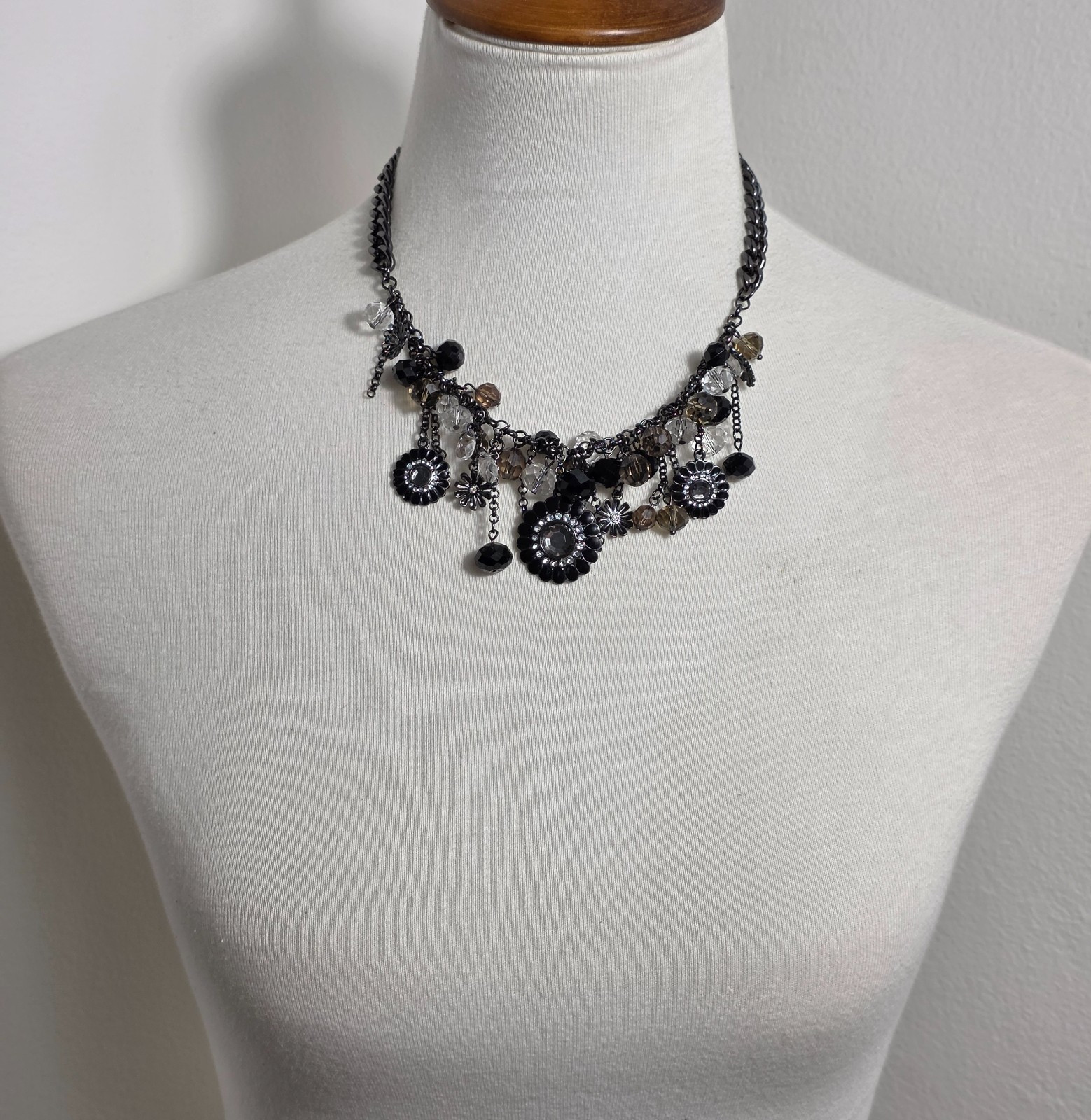 Metallic Black Charm Necklace Floral Pendants with Gray White & Black Beads