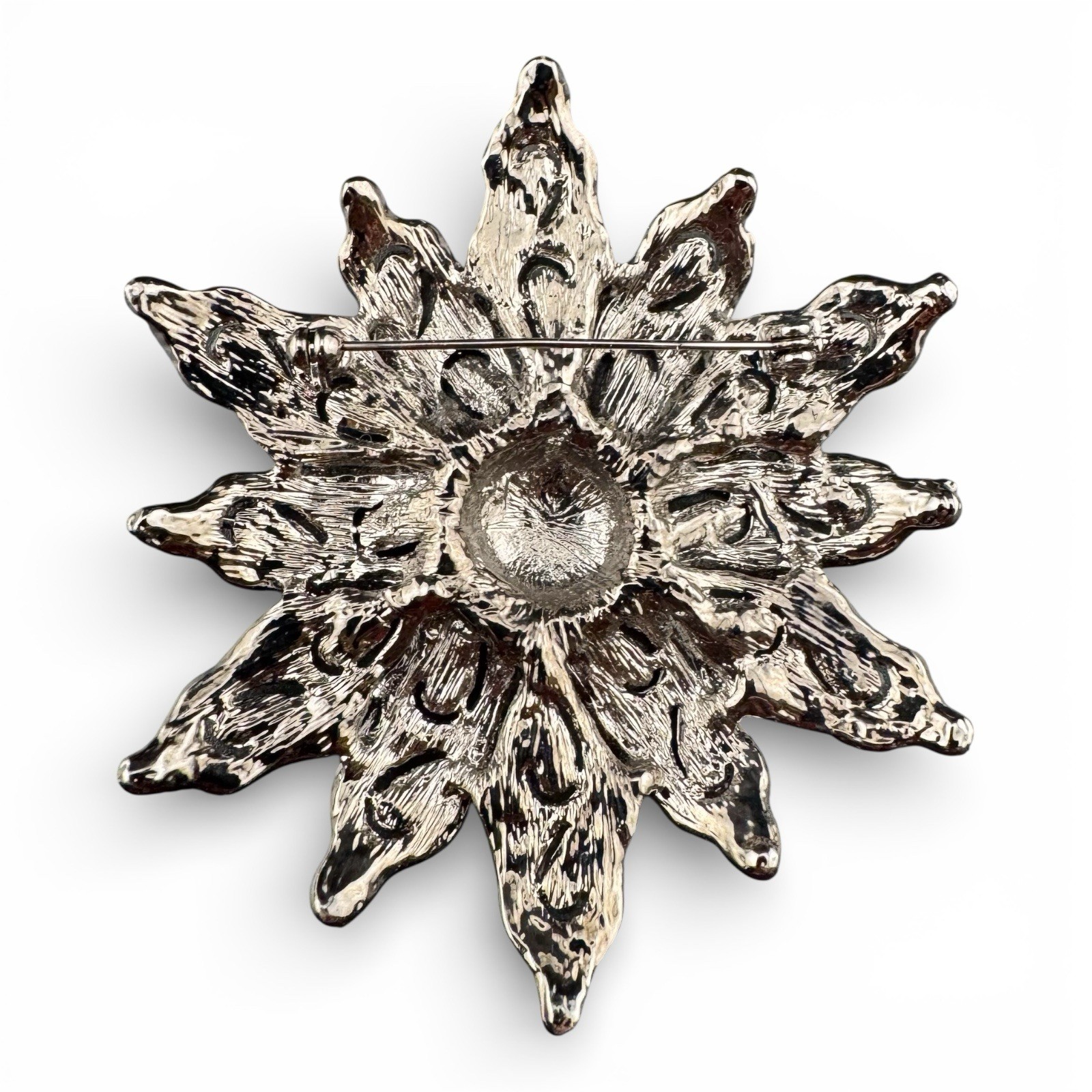 Vintage Silver Tone And Black & Clear Rhinestone Layered Flower Brooch
