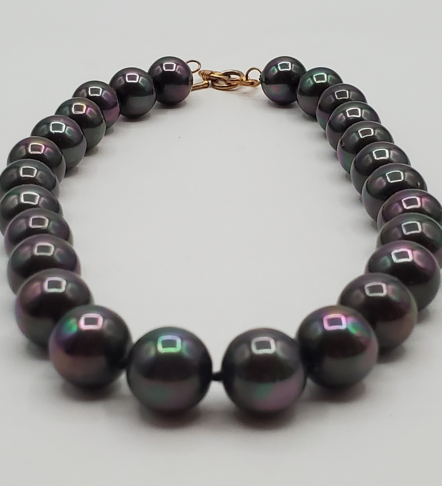 VTG 925 Vermeil Peacock Faux Pearl Necklace 12mm Gray Green Purple Hand Knotted