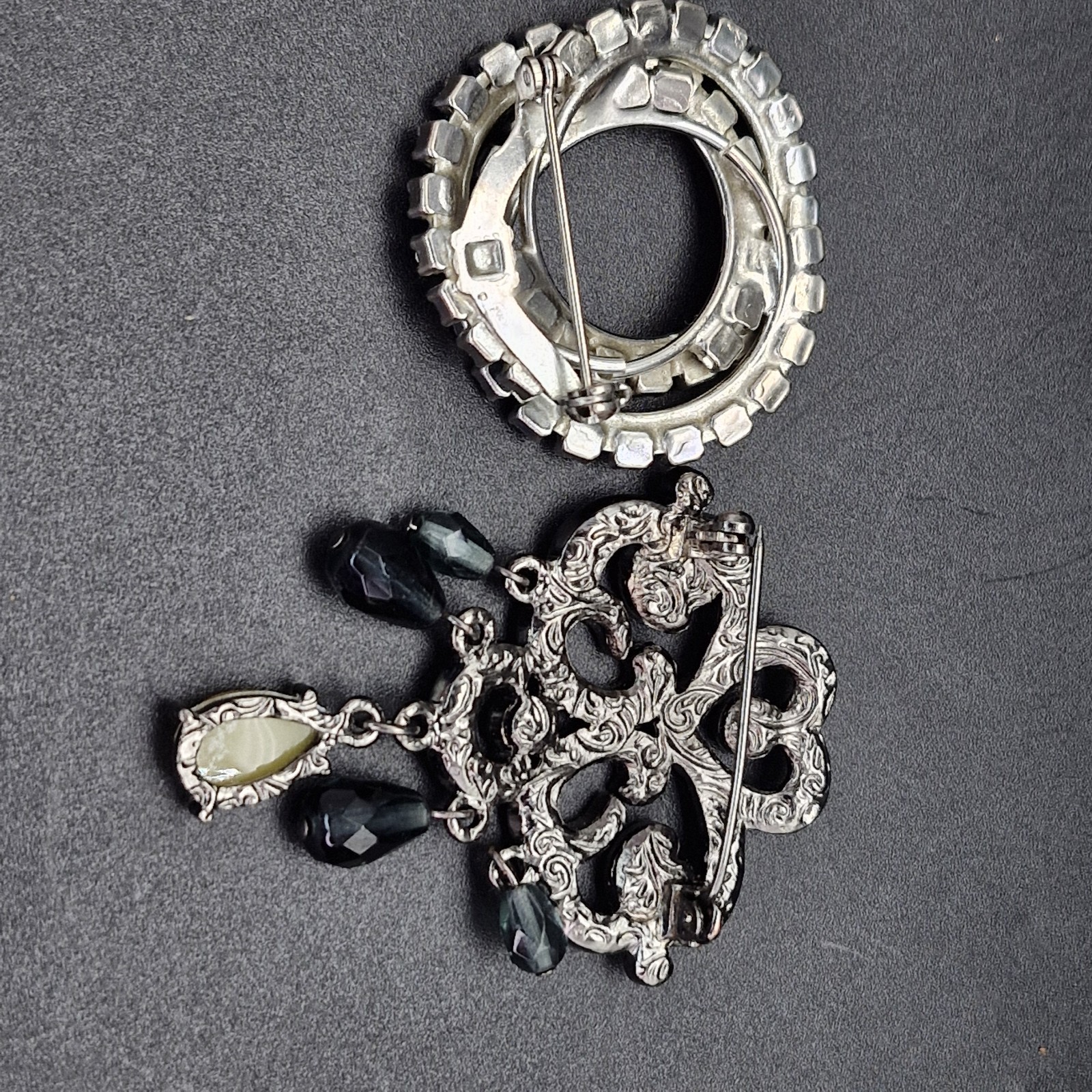 2 Vintage Silver Tone Sapphire Glass Rhinestone Brooches Deco Inspired 1.5-2″
