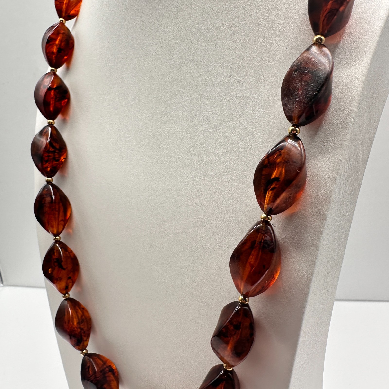 Vintage 90s Faux Amber Resin Chunky Necklace Brown Twisted Beaded Jewelry