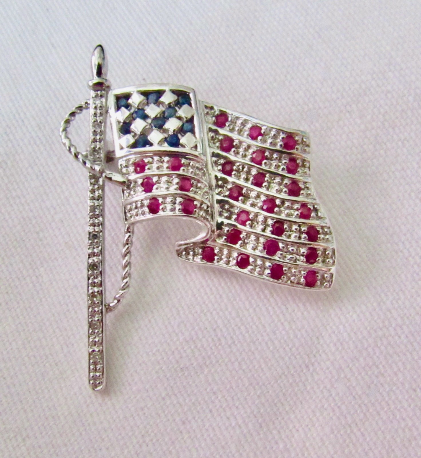 14K White Gold American Flag Pin Brooch Rubies Sapphires Diamonds Patriot