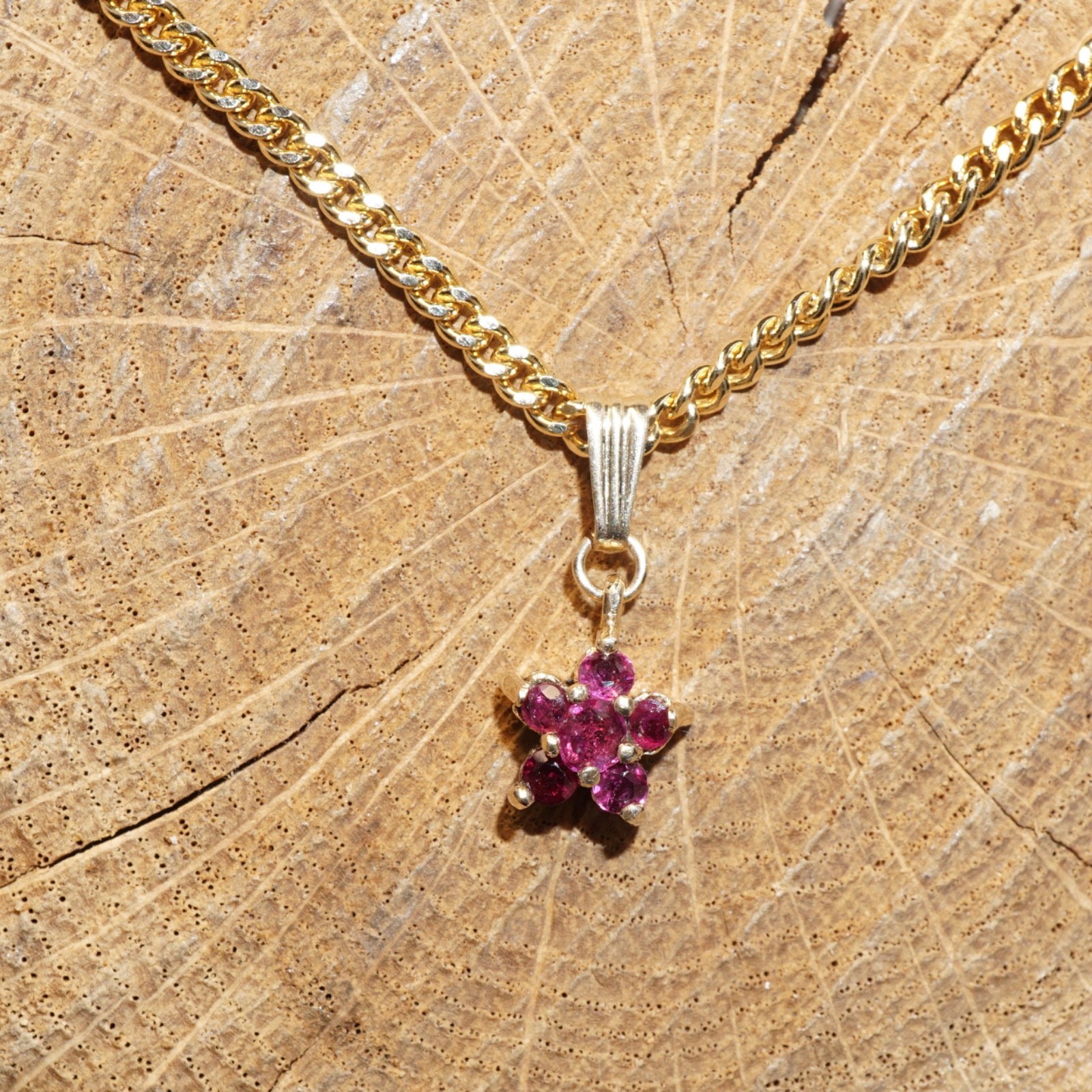 14K Solid Yellow Gold Natural Ruby Gold Star Pendant Necklace, 5 Red Rubies